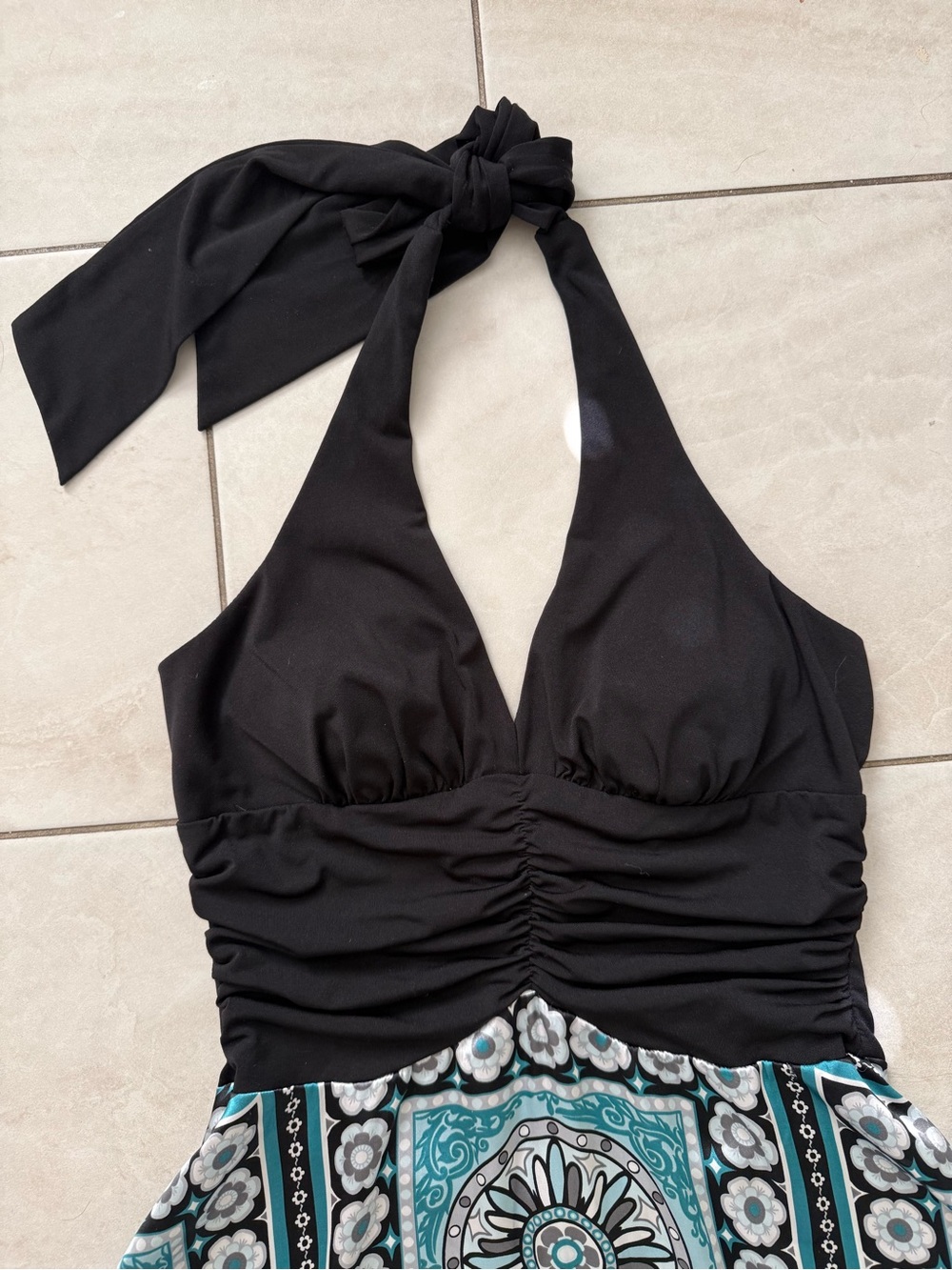 Dressbarn Size 6 Y2K Boho Halter Dress Teal Medallion Handkerchief Hem Ruched - Picture 4 of 13